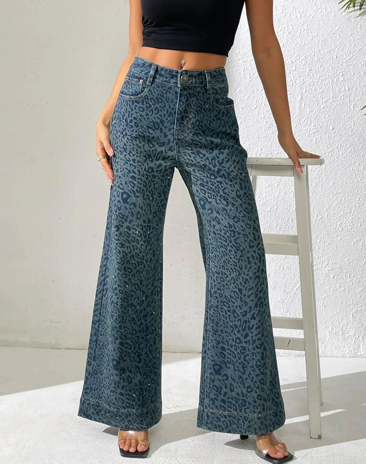 heipeiwa Women's Leopard Rhinestone Flare Jeans High Waist Bell Bottom Wide Leg Baggy Stretch Denim Pants