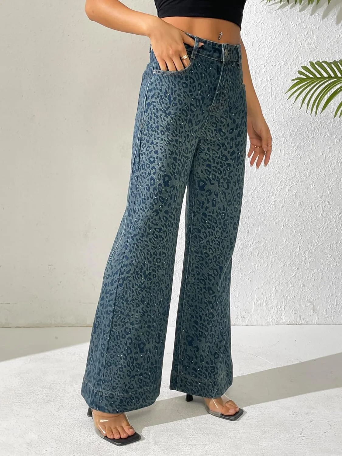 heipeiwa Women's Leopard Rhinestone Flare Jeans High Waist Bell Bottom Wide Leg Baggy Stretch Denim Pants