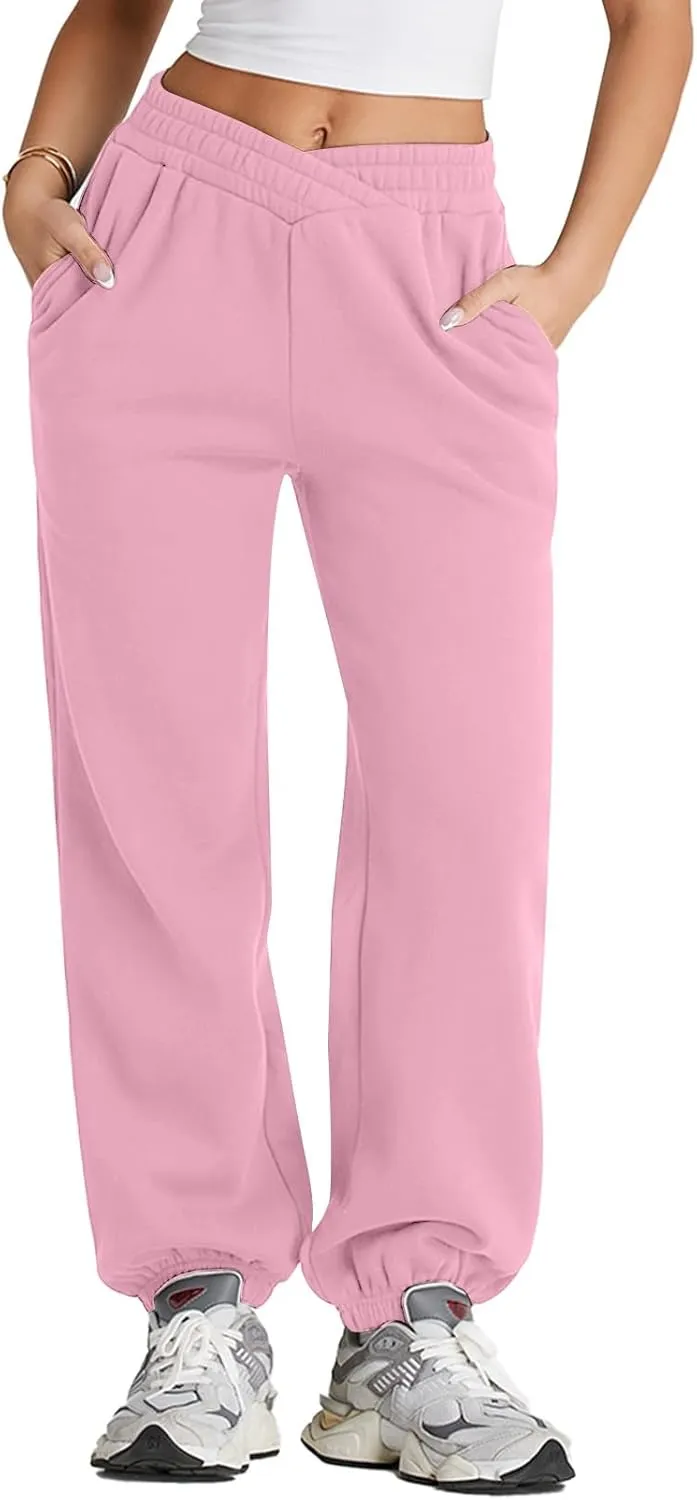 Herseas Women's V Crossover Waist Sweatpants Baggy Y2K Jogger Pants Wide Leg Fleeced Lounge Pants