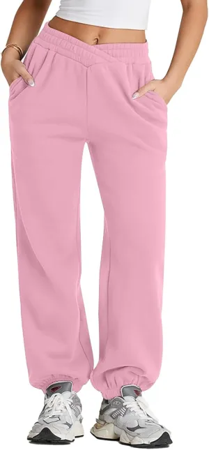 Herseas Women's V Crossover Waist Sweatpants Baggy Y2K Jogger Pants Wide Leg Fleeced Lounge Pants