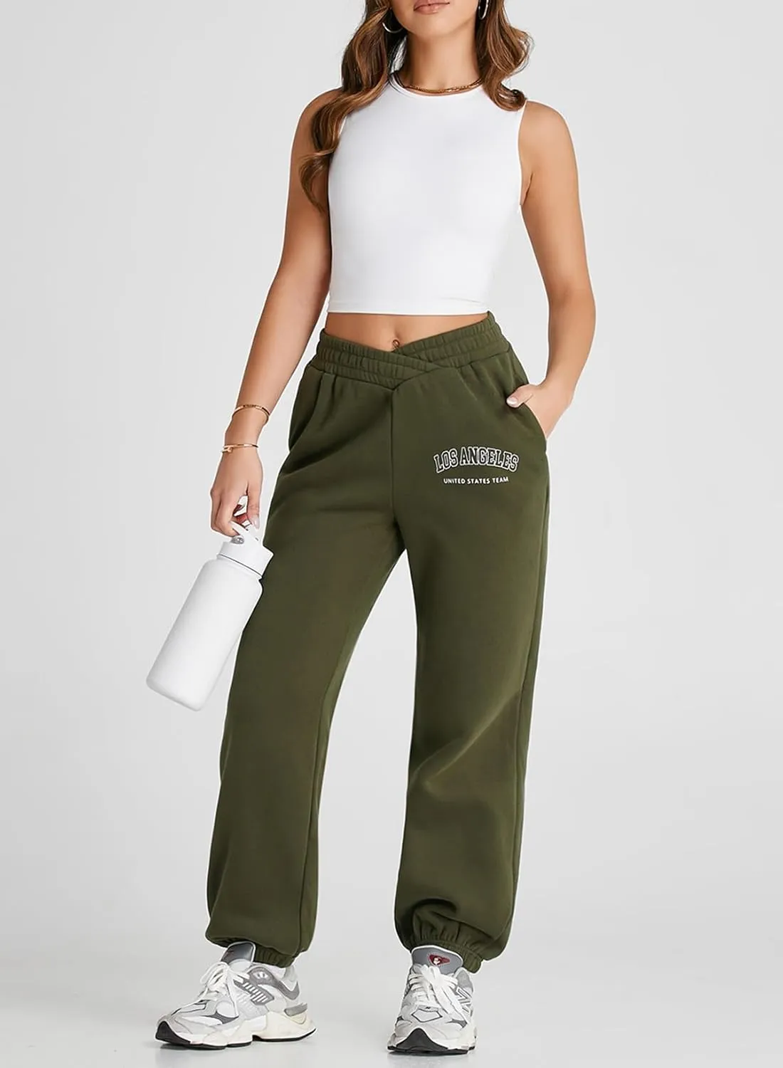 Herseas Women's V Crossover Waist Sweatpants Baggy Y2K Jogger Pants Wide Leg Fleeced Lounge Pants