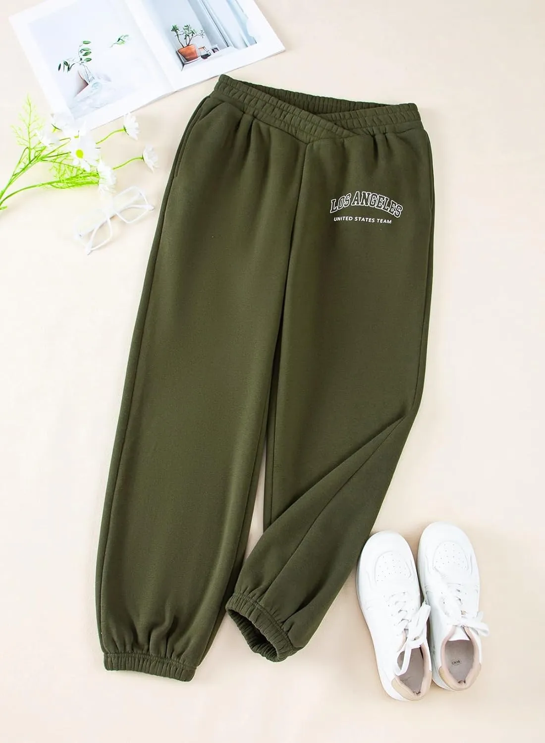 Herseas Women's V Crossover Waist Sweatpants Baggy Y2K Jogger Pants Wide Leg Fleeced Lounge Pants