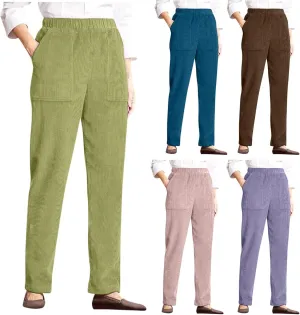 High Waisted Corduroy Pants for Women Elastic Vintage Straight Wide Leg Pants Comfy Lounge Work Trousers with Pocket