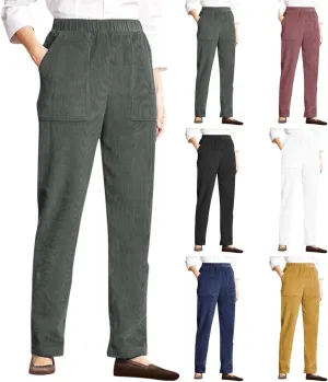 High Waisted Corduroy Pants for Women Elastic Vintage Straight Wide Leg Pants Comfy Lounge Work Trousers with Pocket