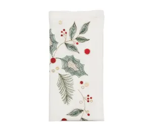 Holly and Sprig Napkin in White Red & Green Set of 4 by Kim Seybert