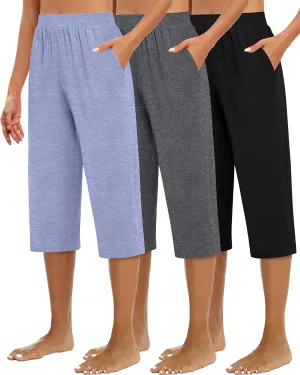 Huukeay 3 Pack Women's Capri Sweatpants, Cozy Wide Legs Cropped Capri with Pockets, Lounge Jogger Pants Workout Yoga Solid