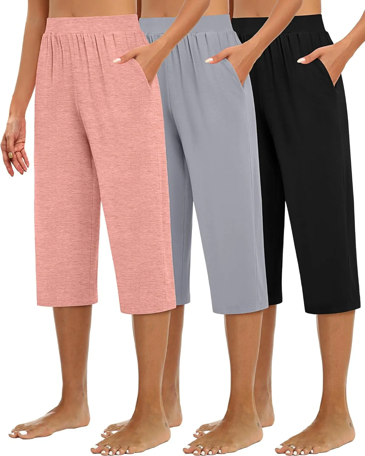 Huukeay 3 Pack Women's Capri Sweatpants, Cozy Wide Legs Cropped Capri with Pockets, Lounge Jogger Pants Workout Yoga Solid