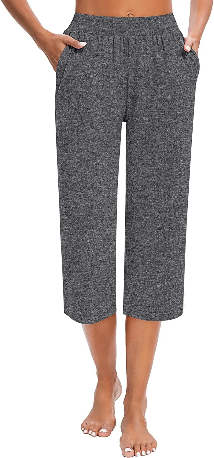 Huukeay 3 Pack Women's Capri Sweatpants, Cozy Wide Legs Cropped Capri with Pockets, Lounge Jogger Pants Workout Yoga Solid