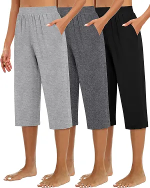 Huukeay 3 Pack Women's Capri Sweatpants, Cozy Wide Legs Cropped Capri with Pockets, Lounge Jogger Pants Workout Yoga Solid