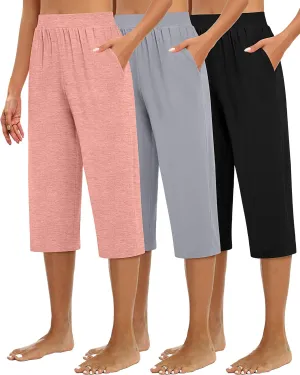 Huukeay 3 Pack Women's Capri Sweatpants, Cozy Wide Legs Cropped Capri with Pockets, Lounge Jogger Pants Workout Yoga Solid