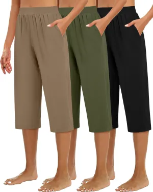 Huukeay 3 Pack Women's Capri Sweatpants, Cozy Wide Legs Cropped Capri with Pockets, Lounge Jogger Pants Workout Yoga Solid