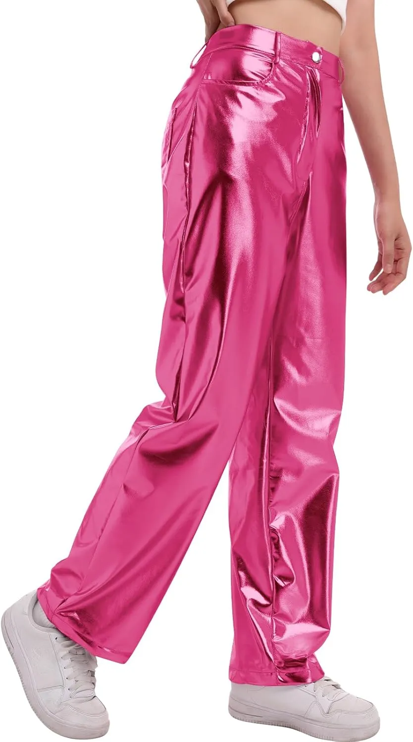 IDOPIP Women Shiny Metallic Leggings Holographic PU Leather Pants Long Straight Trouser Vintage 70s Disco Yoga Dance Clubwear