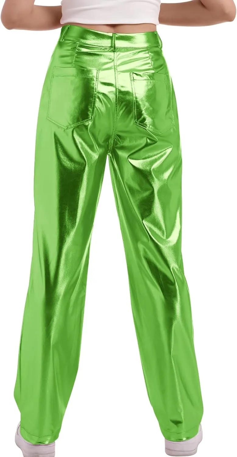 IDOPIP Women Shiny Metallic Leggings Holographic PU Leather Pants Long Straight Trouser Vintage 70s Disco Yoga Dance Clubwear