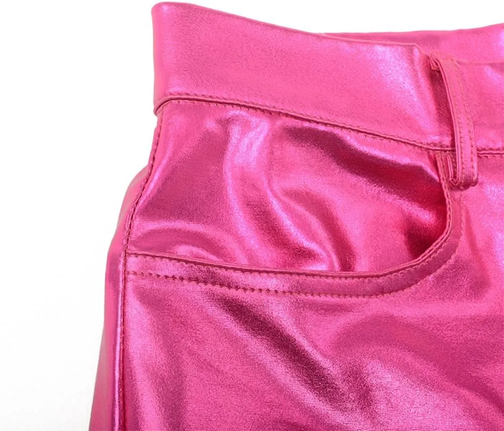 IDOPIP Women Shiny Metallic Leggings Holographic PU Leather Pants Long Straight Trouser Vintage 70s Disco Yoga Dance Clubwear