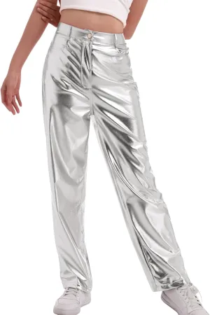 IDOPIP Women Shiny Metallic Leggings Holographic PU Leather Pants Long Straight Trouser Vintage 70s Disco Yoga Dance Clubwear