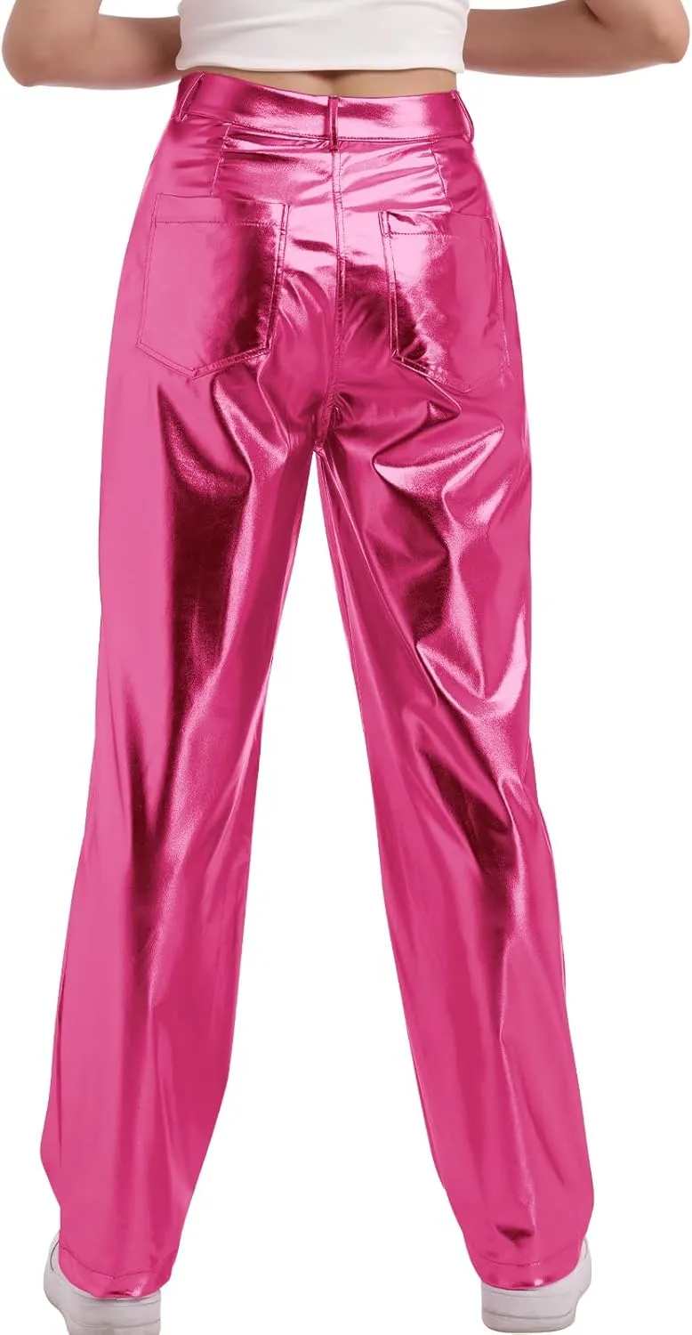 IDOPIP Women Shiny Metallic Leggings Holographic PU Leather Pants Long Straight Trouser Vintage 70s Disco Yoga Dance Clubwear