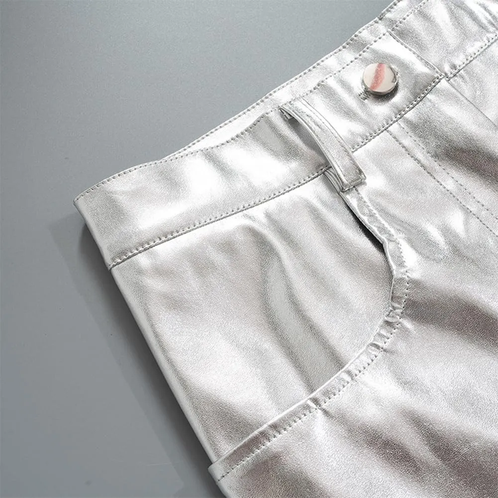IDOPIP Women Shiny Metallic Leggings Holographic PU Leather Pants Long Straight Trouser Vintage 70s Disco Yoga Dance Clubwear