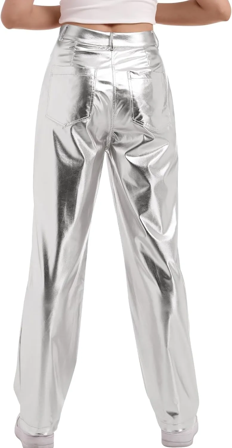 IDOPIP Women Shiny Metallic Leggings Holographic PU Leather Pants Long Straight Trouser Vintage 70s Disco Yoga Dance Clubwear