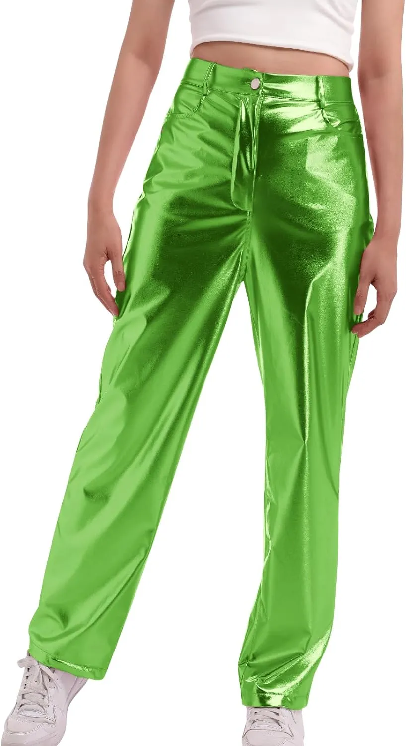 IDOPIP Women Shiny Metallic Leggings Holographic PU Leather Pants Long Straight Trouser Vintage 70s Disco Yoga Dance Clubwear