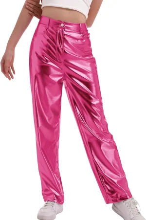 IDOPIP Women Shiny Metallic Leggings Holographic PU Leather Pants Long Straight Trouser Vintage 70s Disco Yoga Dance Clubwear