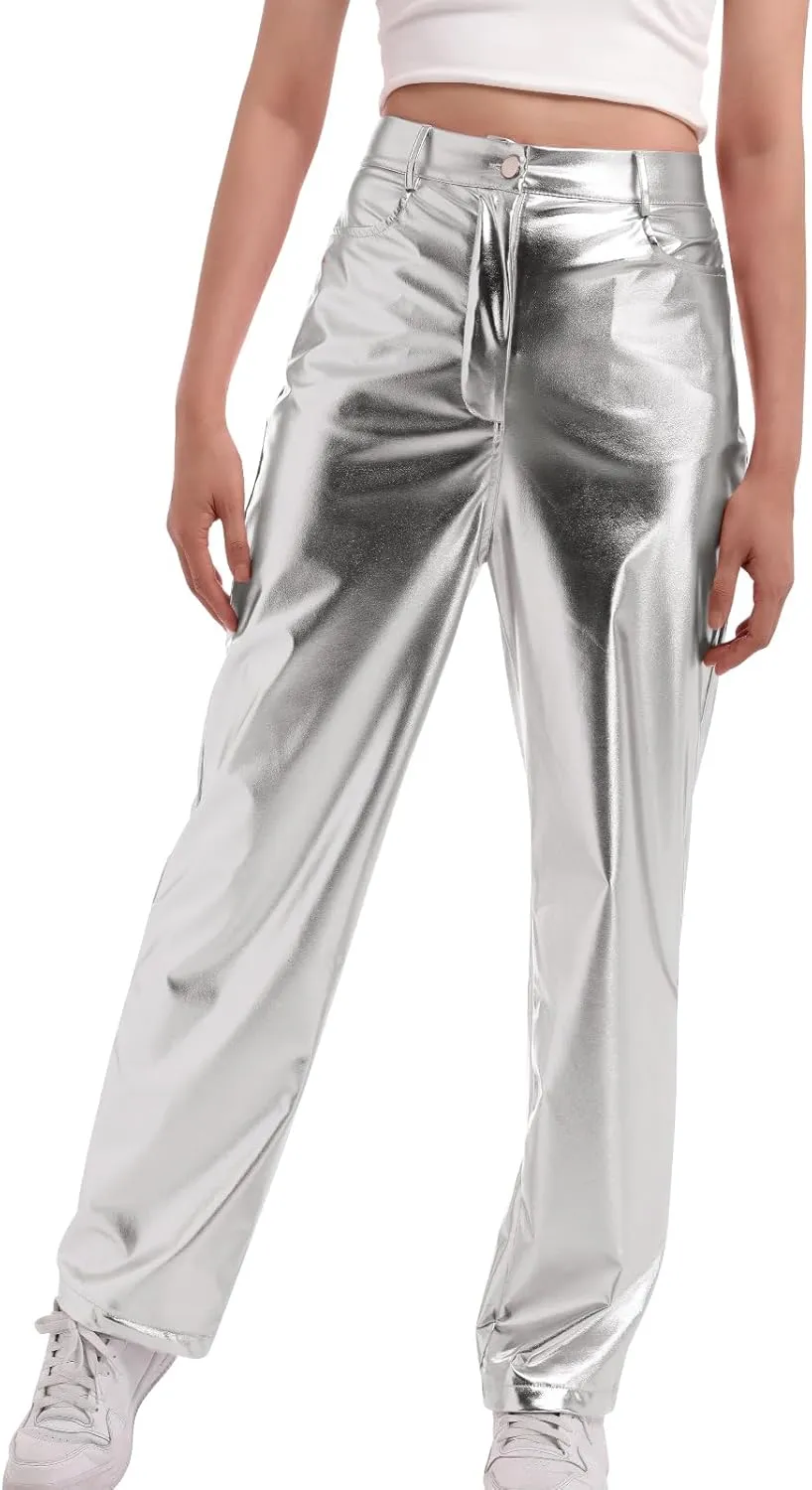 IDOPIP Women Shiny Metallic Leggings Holographic PU Leather Pants Long Straight Trouser Vintage 70s Disco Yoga Dance Clubwear