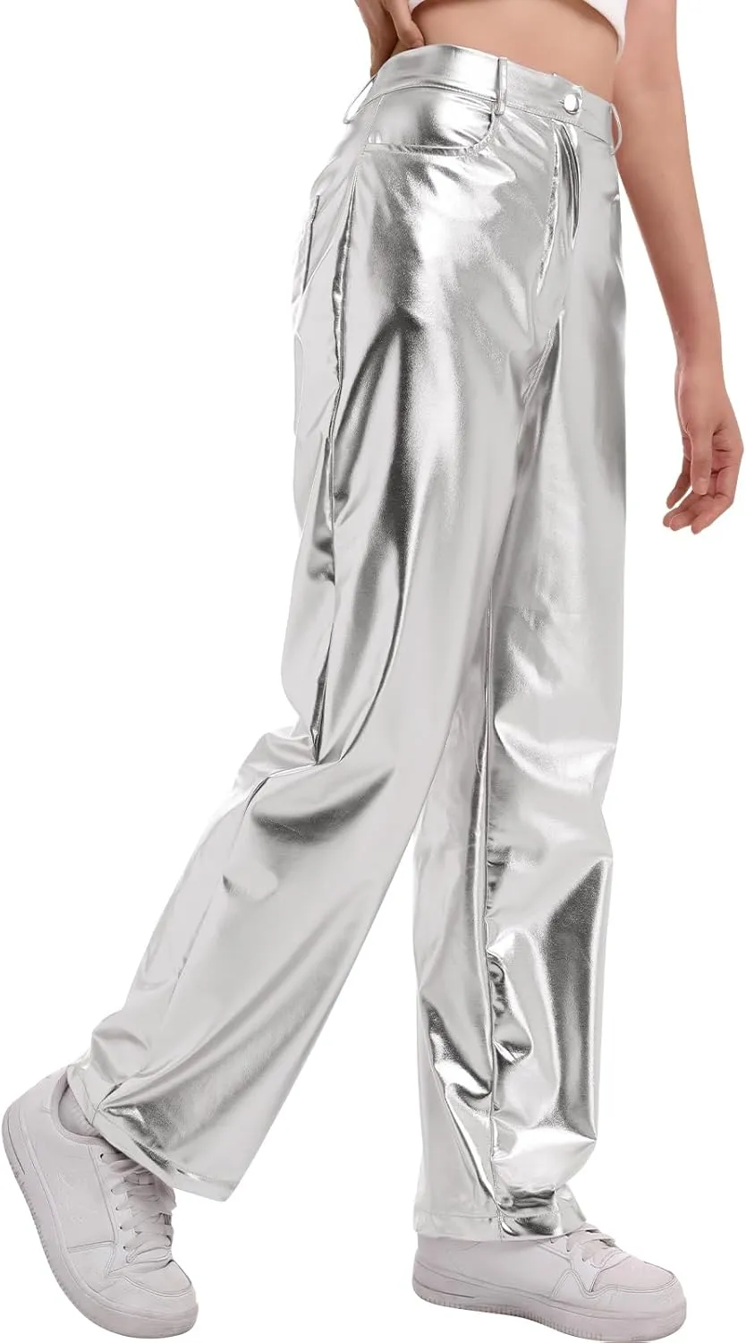 IDOPIP Women Shiny Metallic Leggings Holographic PU Leather Pants Long Straight Trouser Vintage 70s Disco Yoga Dance Clubwear