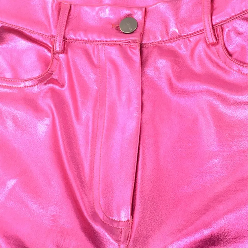 IDOPIP Women Shiny Metallic Leggings Holographic PU Leather Pants Long Straight Trouser Vintage 70s Disco Yoga Dance Clubwear