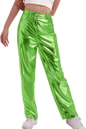 IDOPIP Women Shiny Metallic Leggings Holographic PU Leather Pants Long Straight Trouser Vintage 70s Disco Yoga Dance Clubwear