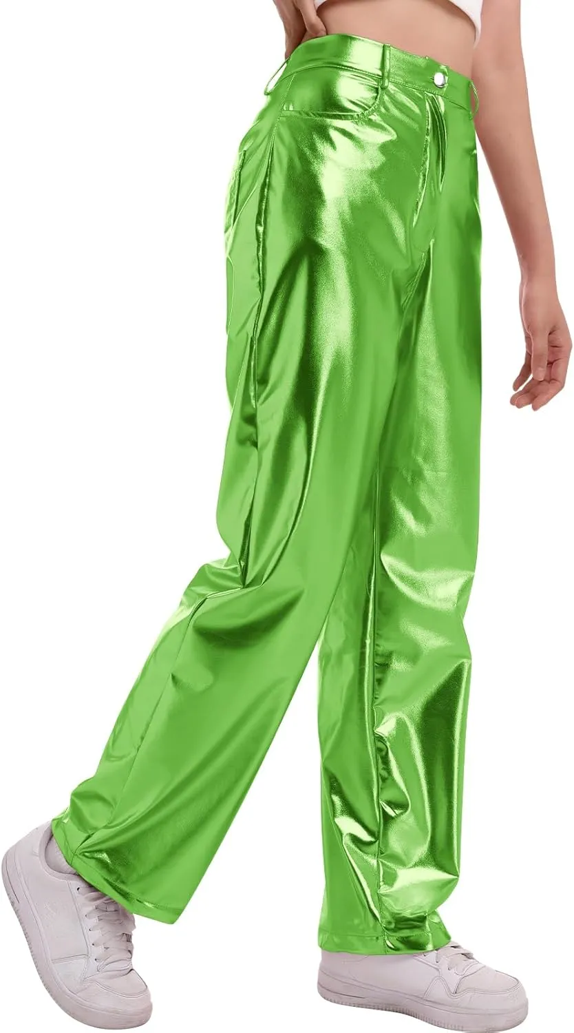 IDOPIP Women Shiny Metallic Leggings Holographic PU Leather Pants Long Straight Trouser Vintage 70s Disco Yoga Dance Clubwear