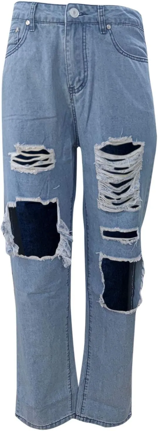 Jeans For Women High Waist Denim Elastic Waist Trousers Button Jeans Hole High Pants Pocket White Pants Women
