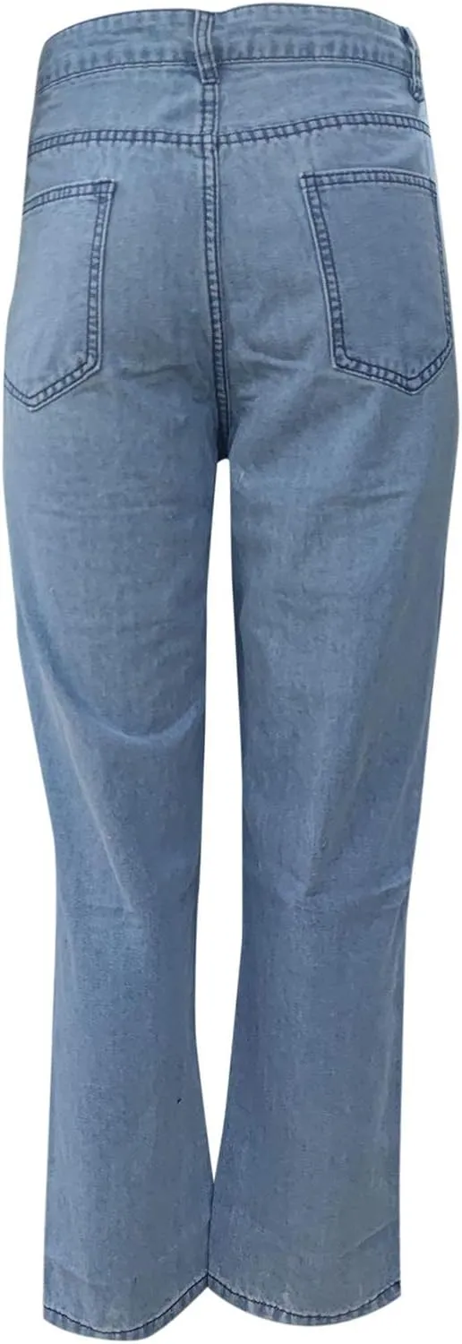 Jeans For Women High Waist Denim Elastic Waist Trousers Button Jeans Hole High Pants Pocket White Pants Women