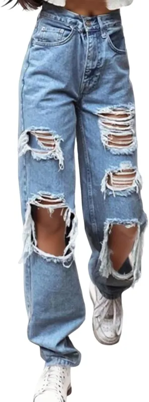 Jeans For Women High Waist Denim Elastic Waist Trousers Button Jeans Hole High Pants Pocket White Pants Women