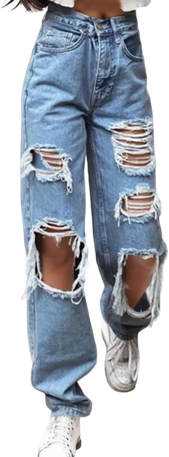 Jeans For Women High Waist Denim Elastic Waist Trousers Button Jeans Hole High Pants Pocket White Pants Women