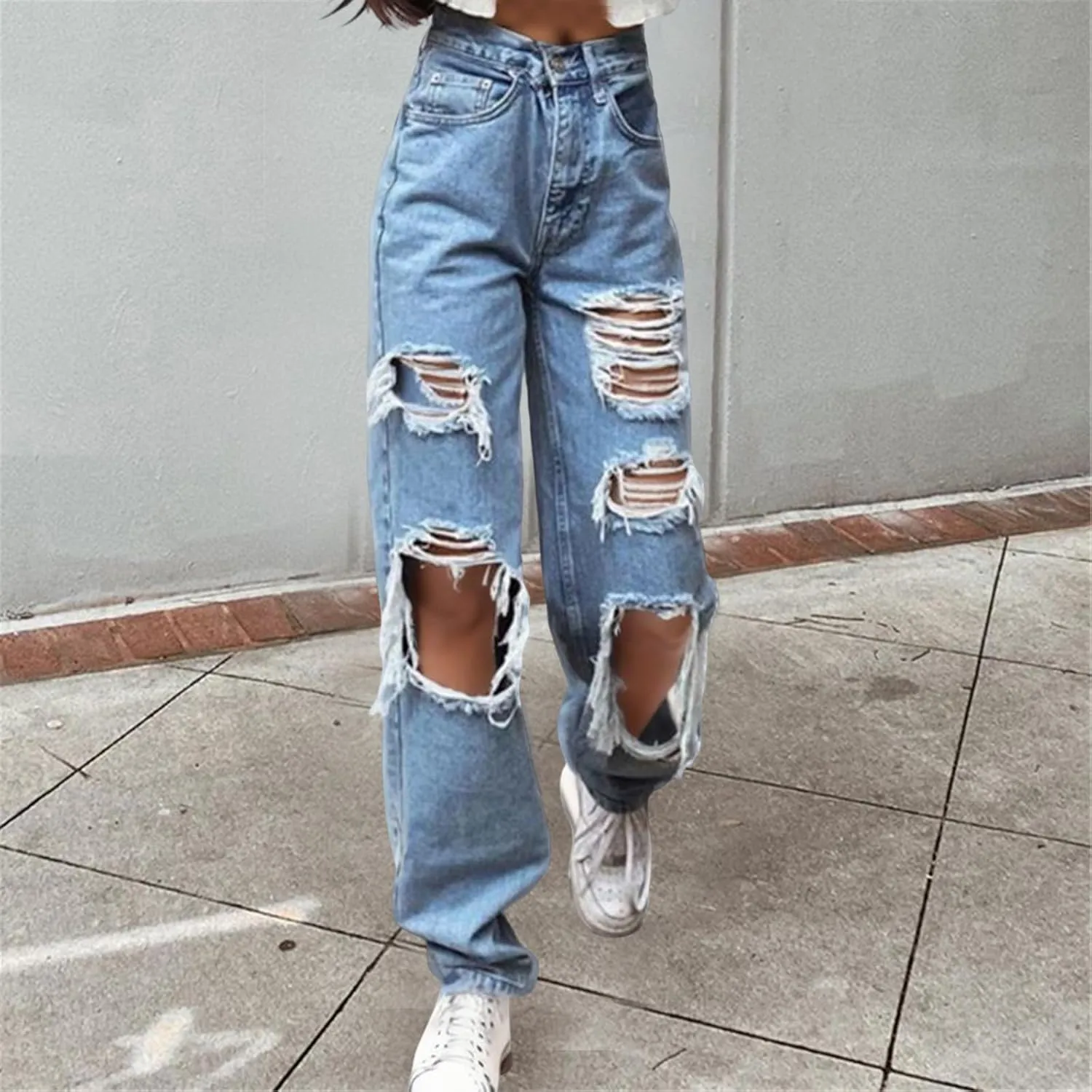 Jeans For Women High Waist Denim Elastic Waist Trousers Button Jeans Hole High Pants Pocket White Pants Women