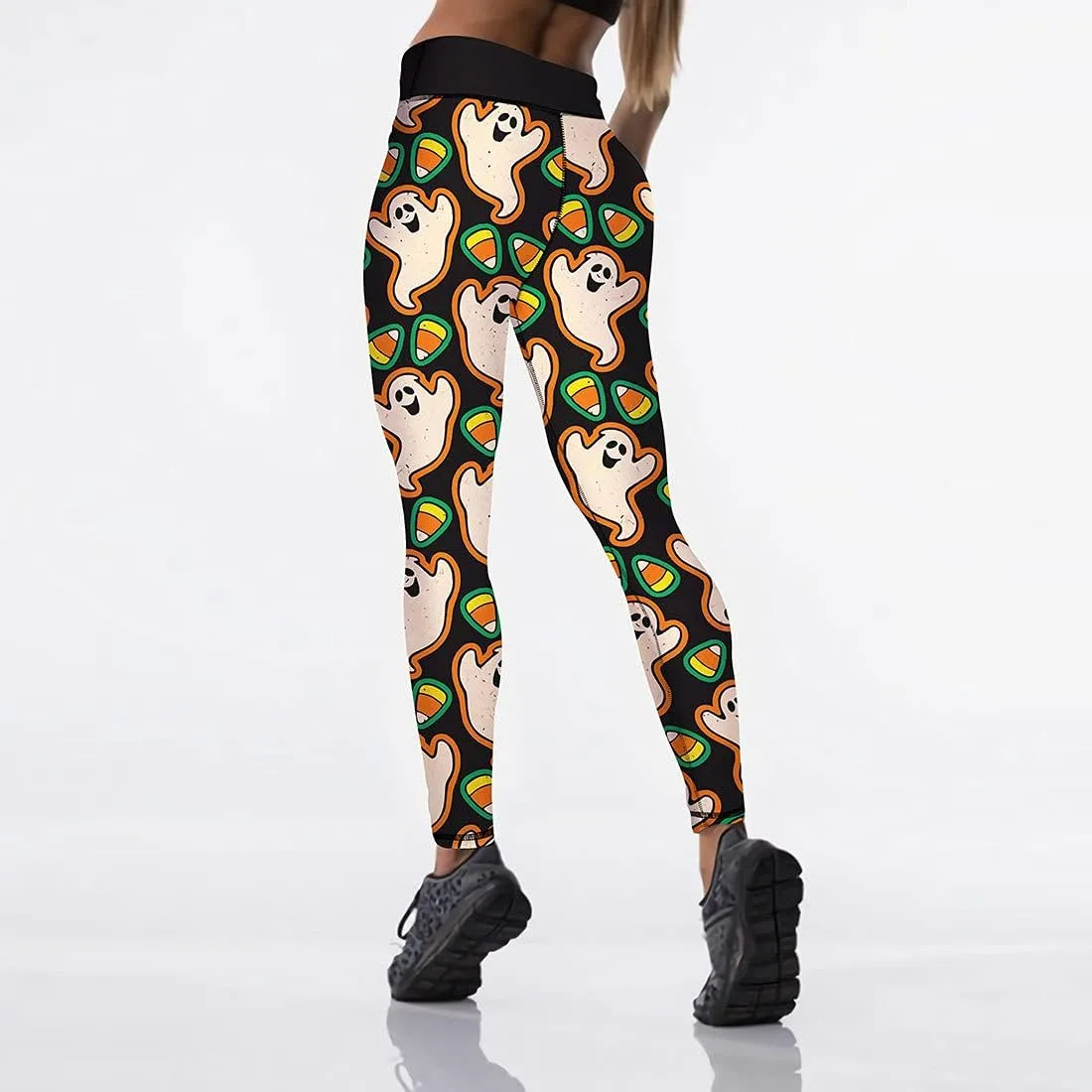 JIFRE Nude Feeling Halloween Love Skull Printed Leggings for Women Workout Running Yoga High Waist Workout Long Trousers