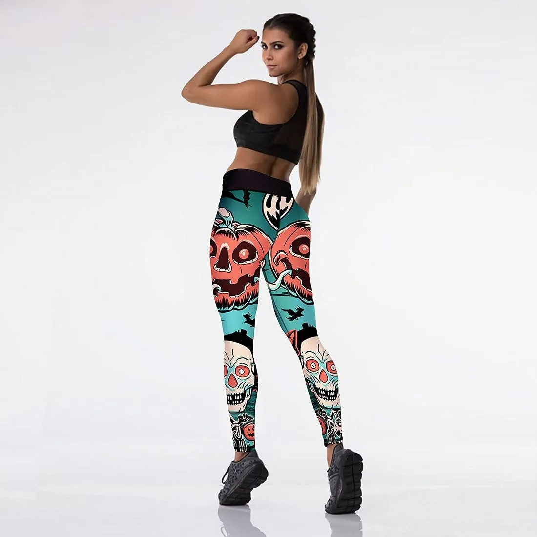 JIFRE Nude Feeling Halloween Love Skull Printed Leggings for Women Workout Running Yoga High Waist Workout Long Trousers