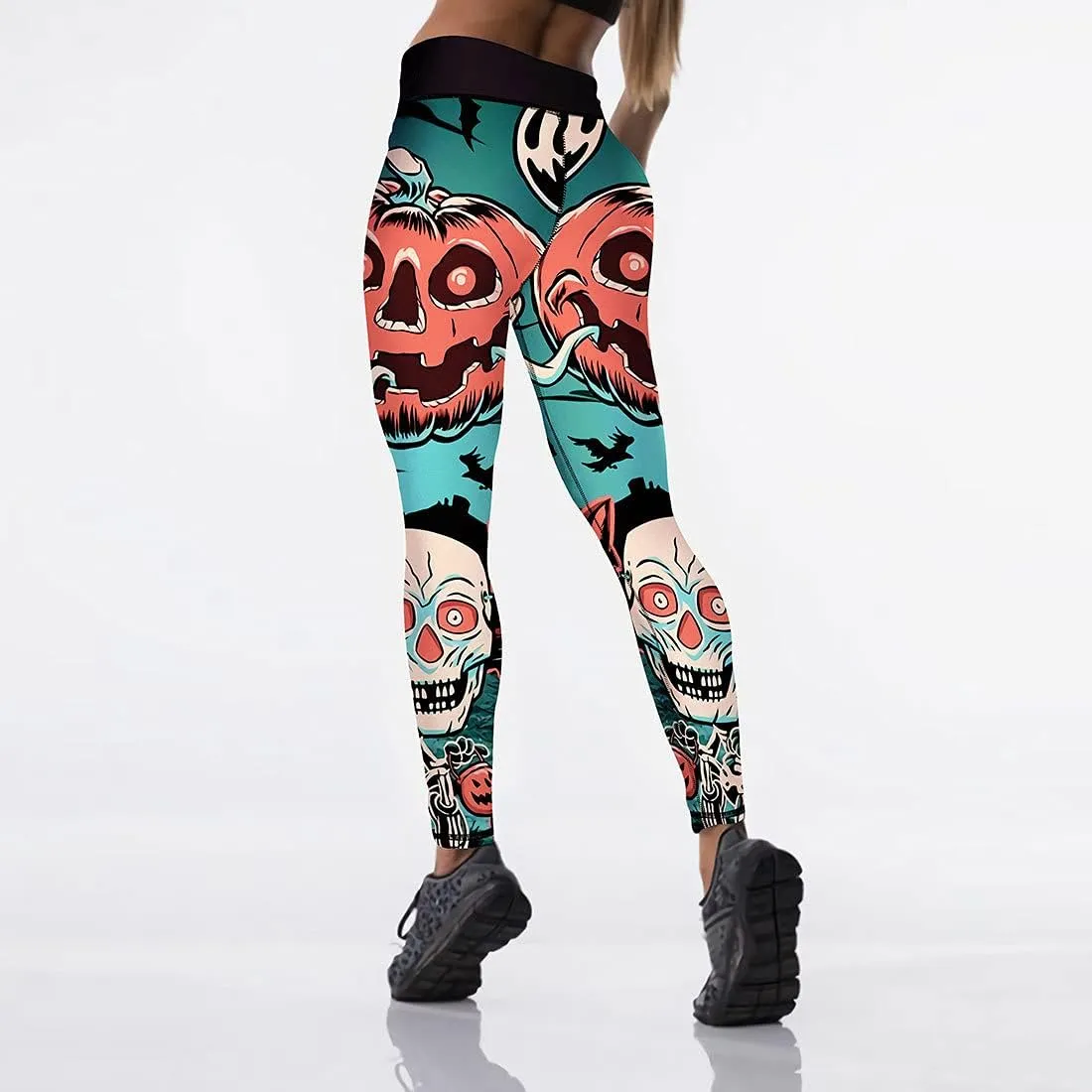 JIFRE Nude Feeling Halloween Love Skull Printed Leggings for Women Workout Running Yoga High Waist Workout Long Trousers