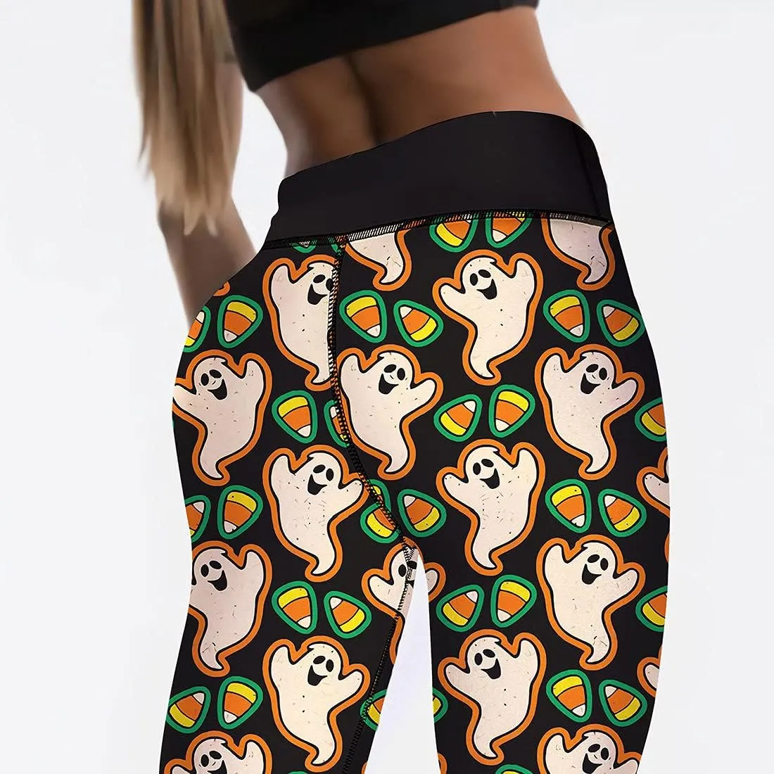 JIFRE Nude Feeling Halloween Love Skull Printed Leggings for Women Workout Running Yoga High Waist Workout Long Trousers