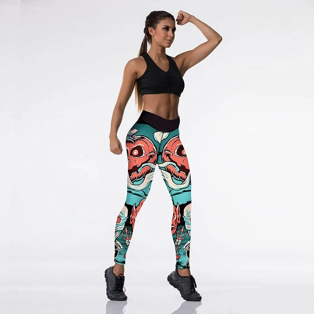JIFRE Nude Feeling Halloween Love Skull Printed Leggings for Women Workout Running Yoga High Waist Workout Long Trousers