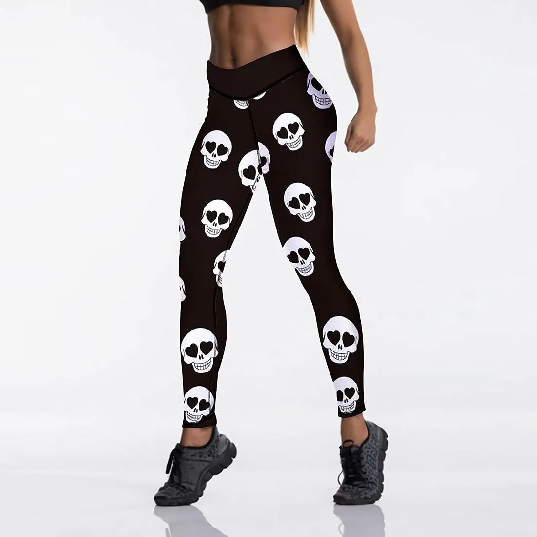 JIFRE Nude Feeling Halloween Love Skull Printed Leggings for Women Workout Running Yoga High Waist Workout Long Trousers
