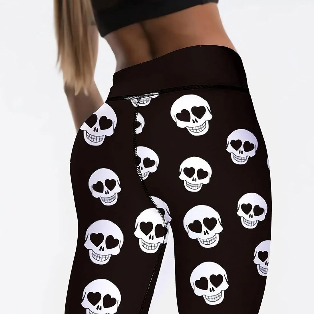 JIFRE Nude Feeling Halloween Love Skull Printed Leggings for Women Workout Running Yoga High Waist Workout Long Trousers