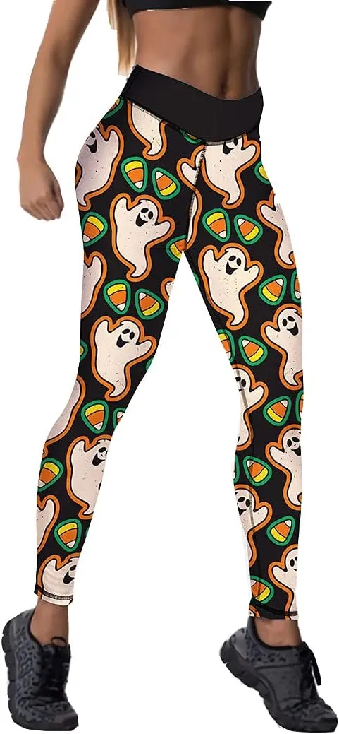 JIFRE Nude Feeling Halloween Love Skull Printed Leggings for Women Workout Running Yoga High Waist Workout Long Trousers