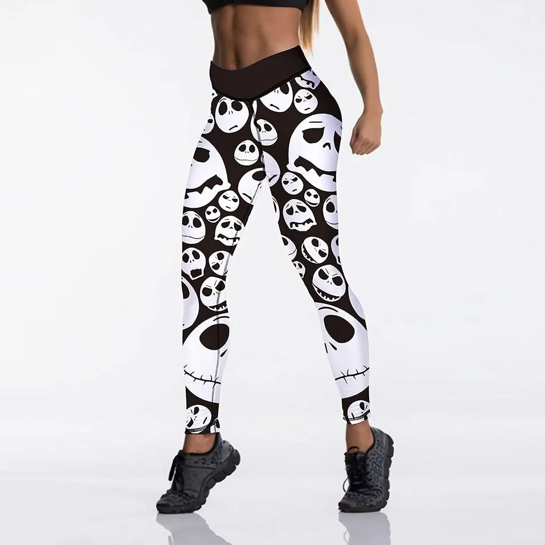 JIFRE Nude Feeling Halloween Love Skull Printed Leggings for Women Workout Running Yoga High Waist Workout Long Trousers