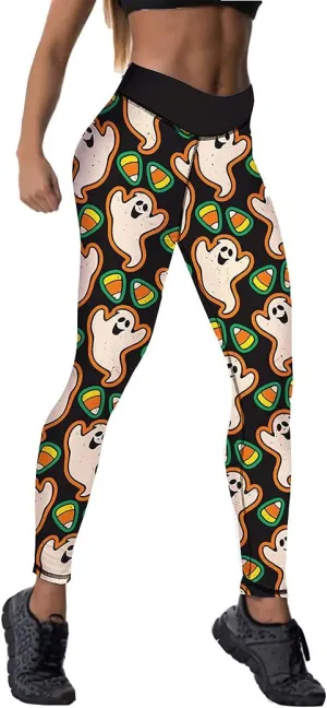 JIFRE Nude Feeling Halloween Love Skull Printed Leggings for Women Workout Running Yoga High Waist Workout Long Trousers