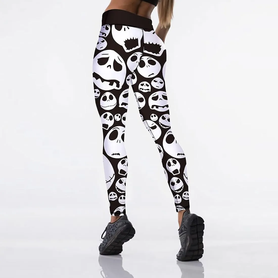 JIFRE Nude Feeling Halloween Love Skull Printed Leggings for Women Workout Running Yoga High Waist Workout Long Trousers