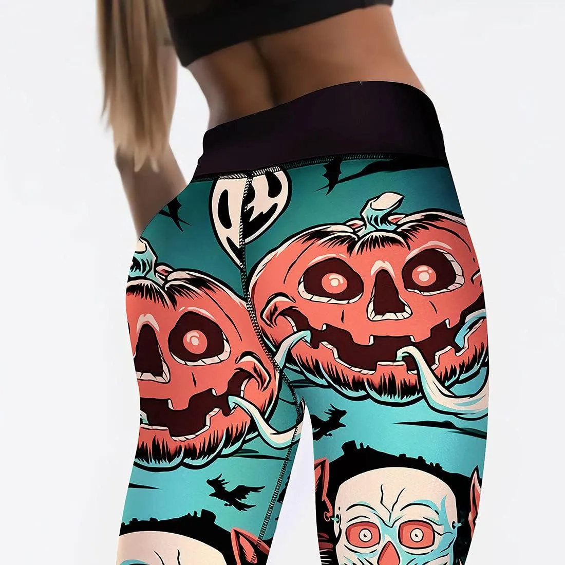 JIFRE Nude Feeling Halloween Love Skull Printed Leggings for Women Workout Running Yoga High Waist Workout Long Trousers