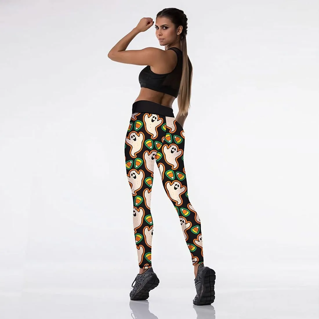 JIFRE Nude Feeling Halloween Love Skull Printed Leggings for Women Workout Running Yoga High Waist Workout Long Trousers