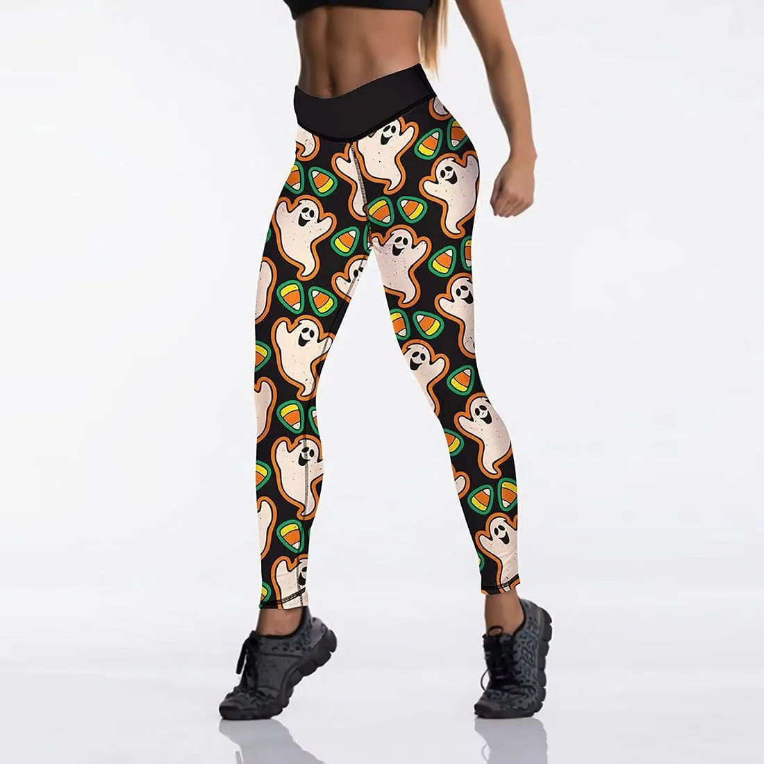 JIFRE Nude Feeling Halloween Love Skull Printed Leggings for Women Workout Running Yoga High Waist Workout Long Trousers