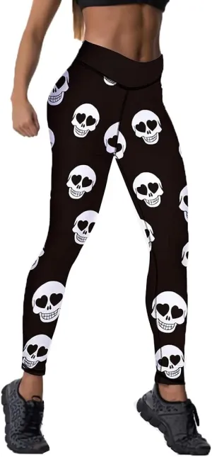 JIFRE Nude Feeling Halloween Love Skull Printed Leggings for Women Workout Running Yoga High Waist Workout Long Trousers