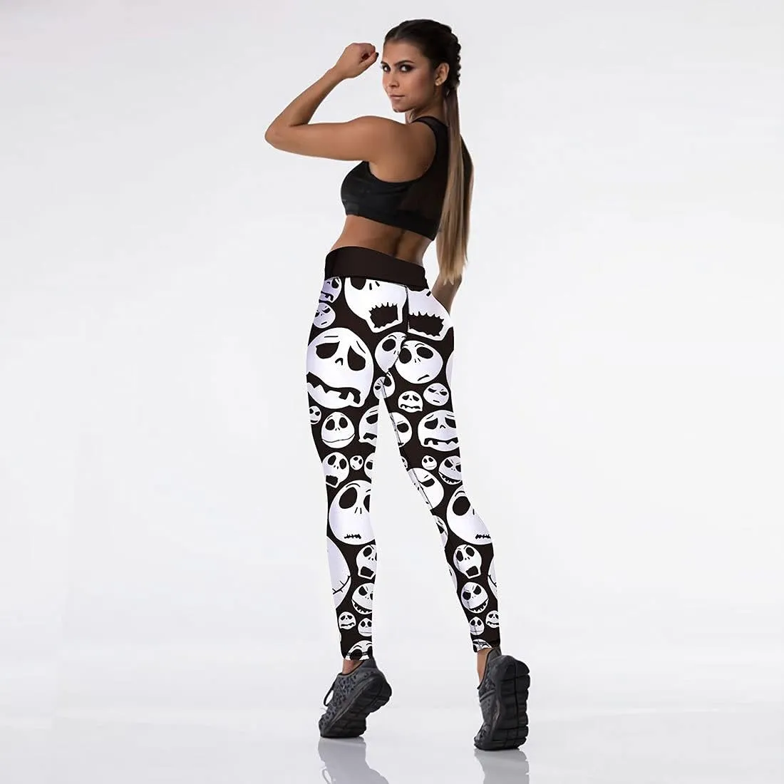 JIFRE Nude Feeling Halloween Love Skull Printed Leggings for Women Workout Running Yoga High Waist Workout Long Trousers